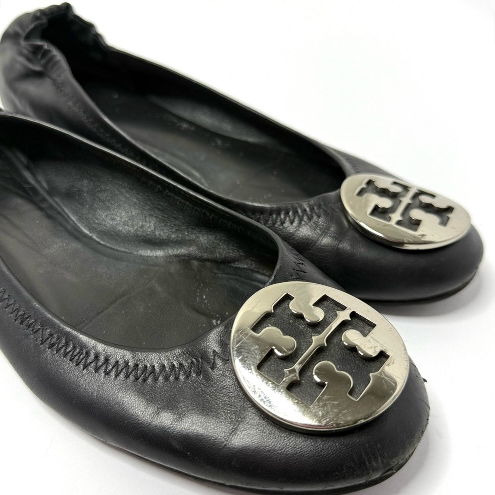 Tory Burch Black Leather Flats with Silver Logo Size 8.5