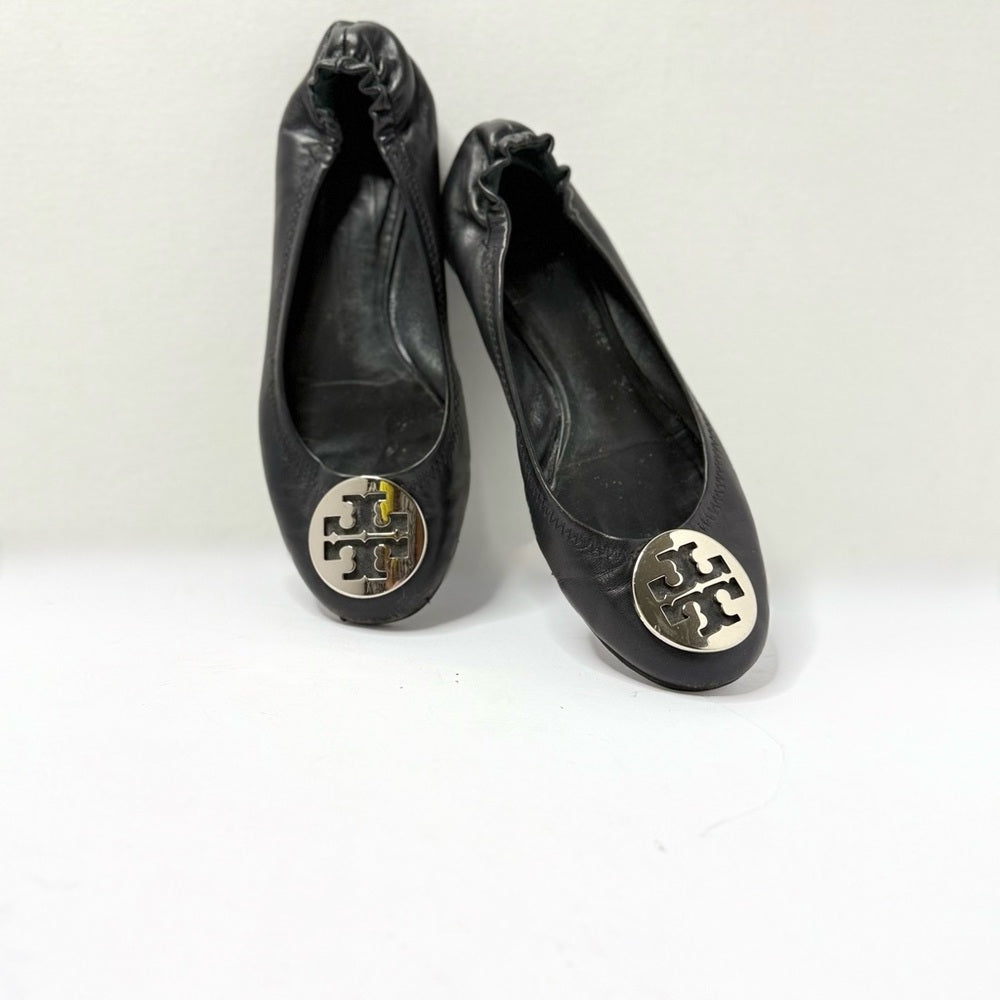 Tory Burch Black Leather Flats with Silver Logo Size 8.5