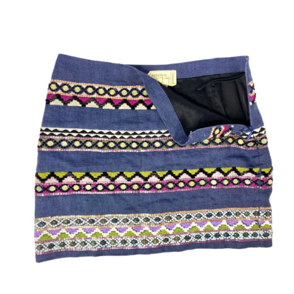 Nicole Miller Artelier Hand-Beaded Linen Mini Skirt – Size 6, Embroidered Detail