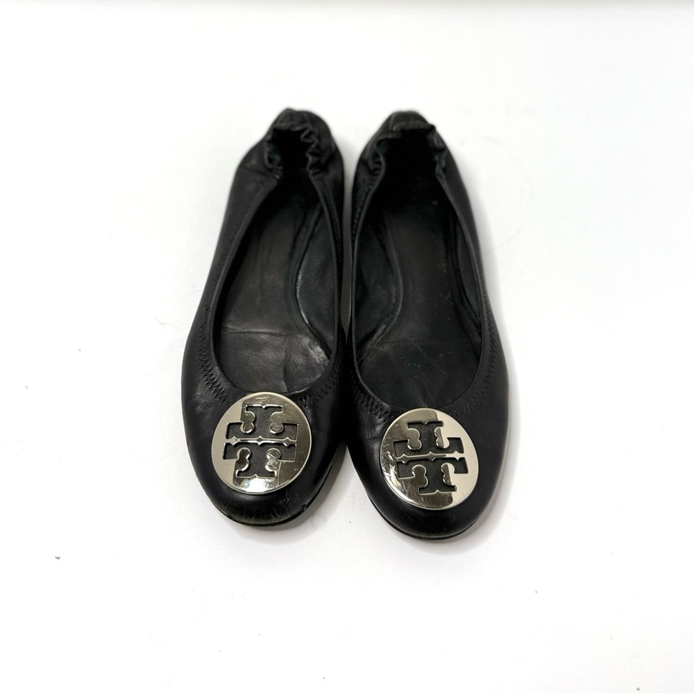 Tory Burch Black Leather Flats with Silver Logo Size 8.5