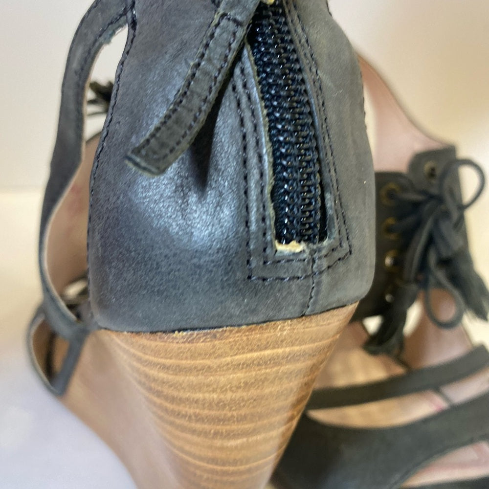 Plenty Tracy Reese Belle Charcoal Wedge Peep Toe Lace Up Shoes Size EU 38 US 7.5