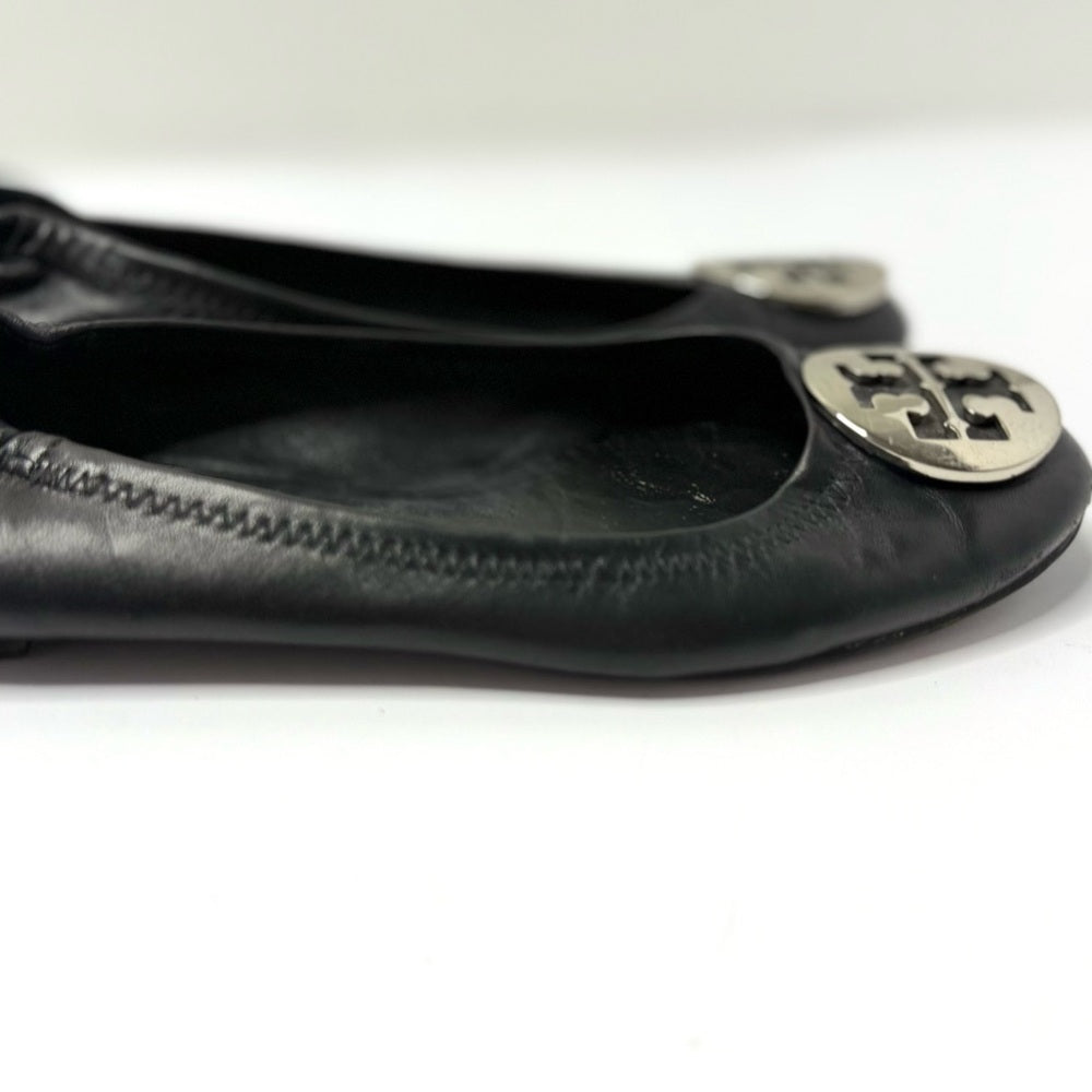 Tory Burch Black Leather Flats with Silver Logo Size 8.5