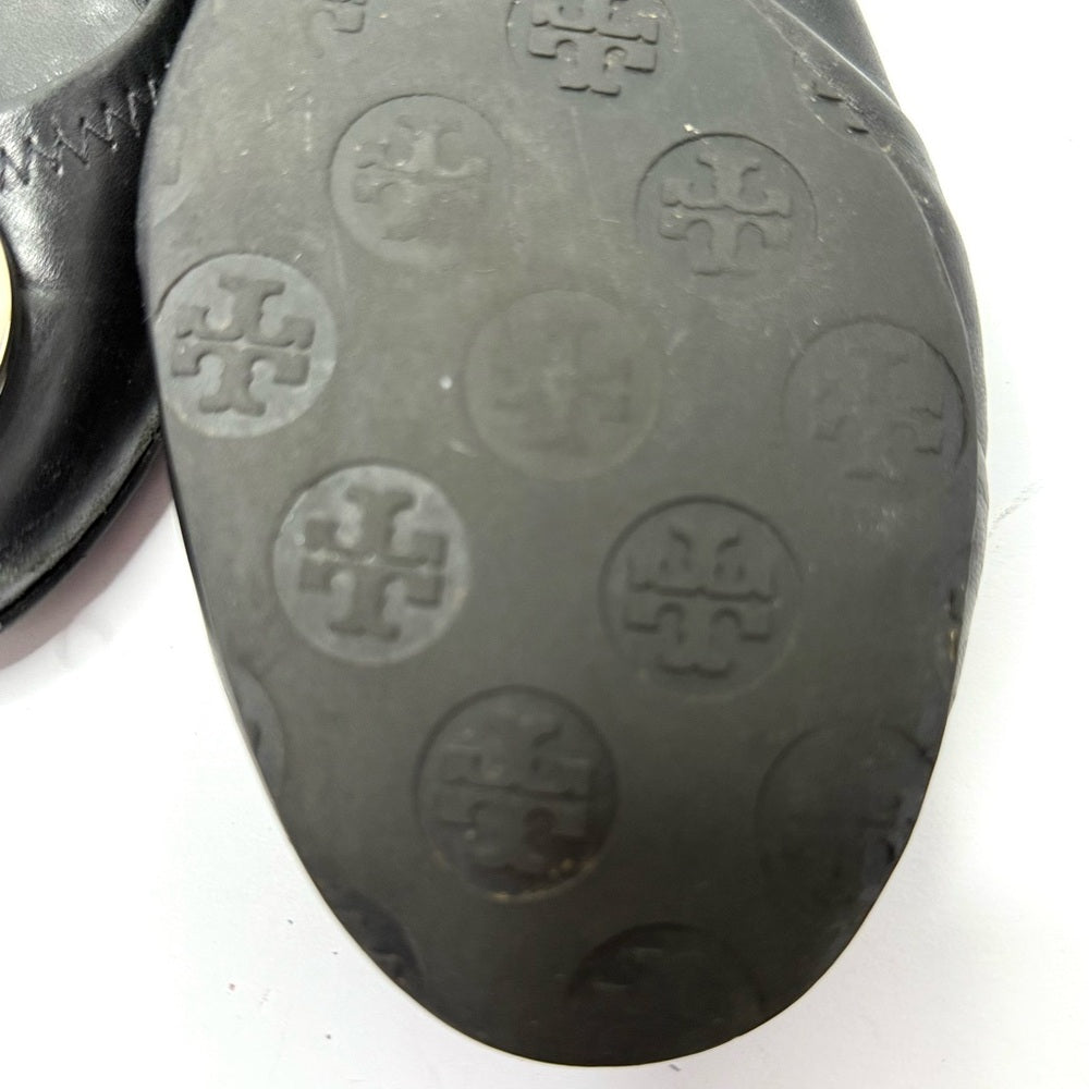 Tory Burch Black Leather Flats with Silver Logo Size 8.5