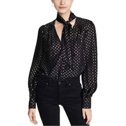 Paige Metallic Long Sleeve Bow Tie Silk Blouse