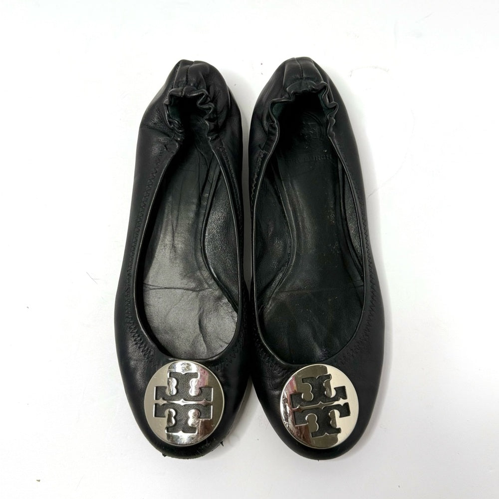Tory Burch Black Leather Flats with Silver Logo Size 8.5